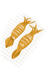 Delicious grilled squid seafood dish on rack on white background 