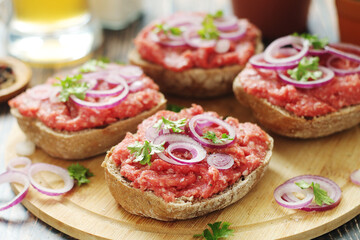 Traditional German sandwiches with minced meat Mettbroetchen	