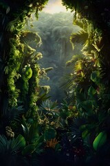 A lush tropical forest, surrounded by abundant green leaves and flowers.