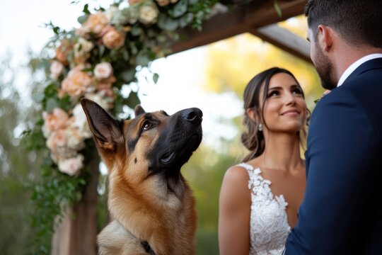 A heartwarming wedding scene where a beautiful dog stands attentively beside a couple, infusing love and joy into the special celebration.
