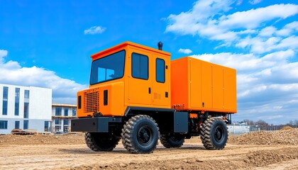Obraz premium A bright orange utility vehicle parked on a construction site under a blue sky, showcasing its rugged design and robust tires.