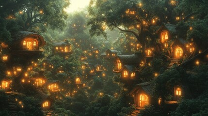 Naklejka premium Enchanting Treehouse Village Illuminated by Glowing Lights in a Mystical Forest at Dusk