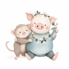 Soft and charming watercolor of a piglet and baby monkey holding a festive garland  surrounded by glowing lights in a cozy  whimsical scene