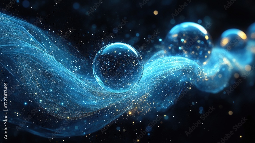 Poster glowing spheres in a stream of particles on dark backdrop