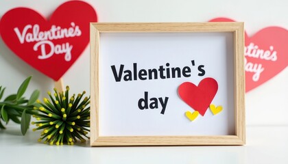 White Surface with Valentine's Day Frame and Heart Stickers Around Green Plant