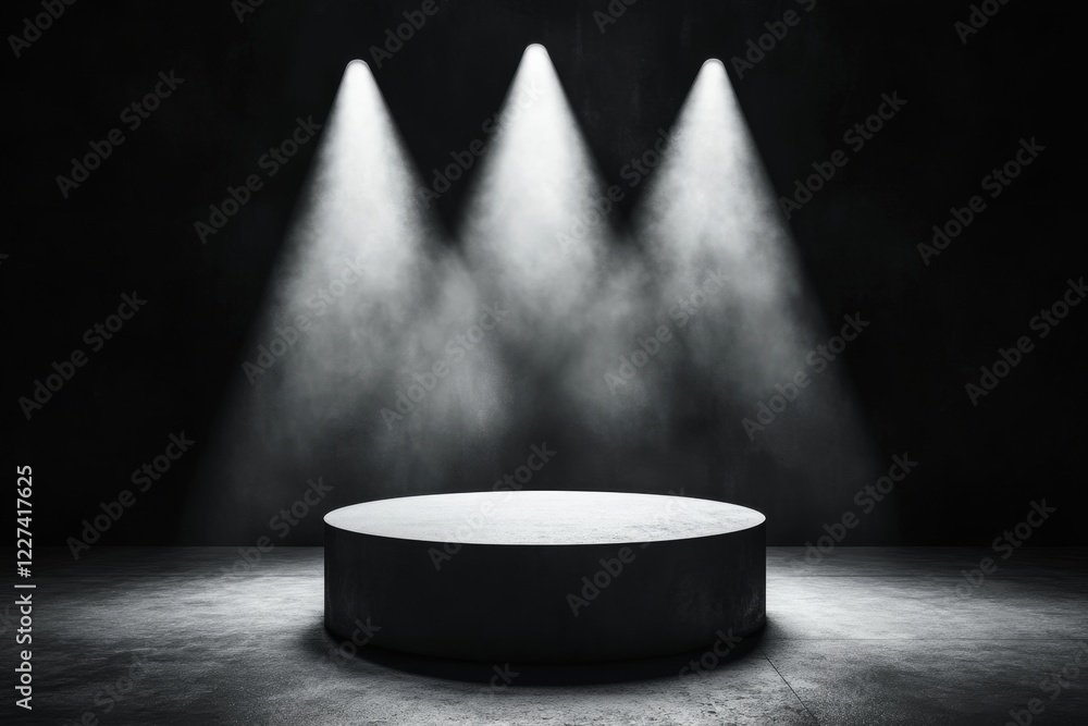 Poster a clean design of a single spotlight shining down on a small podium, with all other areas left in sh