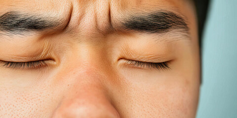 Close-up of Human Face with Closed Eyes and Furrowed Brows