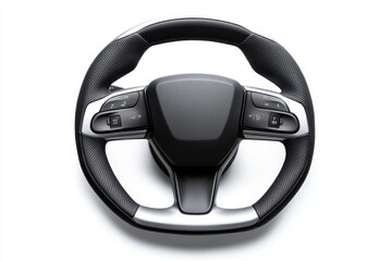 Steering wheel with a black leather cover and silver trim