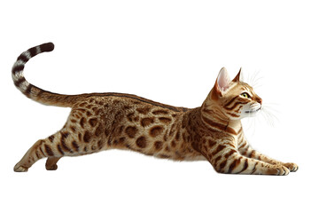 Photography of Rested and Alert Bengal Cat Stretching on Plain White Background