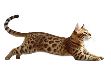 Photography of Rested and Alert Bengal Cat Stretching on Plain White Background