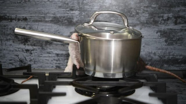 A rat runs on a gas stove in the kitchen. Unsanitary conditions in the room.