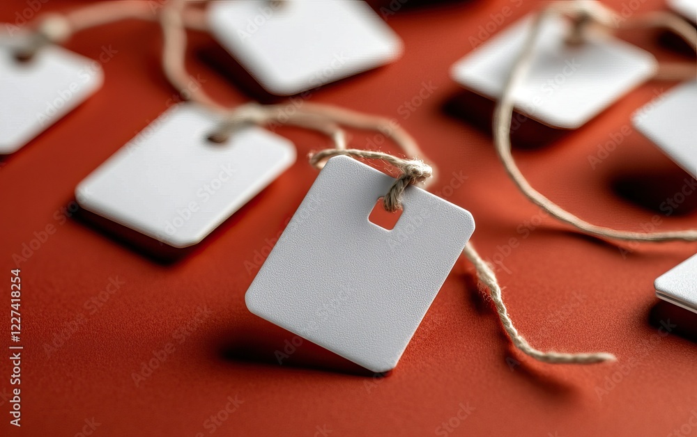 Poster a close-up view of blank price tags with strings on a textured red background, ideal for labeling or