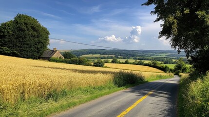 A quiet country road with yellow lines running through golden fields of wheat and a farmhouse in the distance.