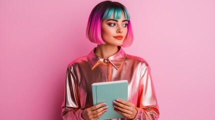 Fashion hair cut creative concept. Fashionable Woman with Gradient Dyed Geometric Bob Hairstyle Posing in Pink and Blue Tones