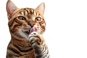Closeup Portrait of Curious Bengal Cat Licking Its Paw on Plain White Background