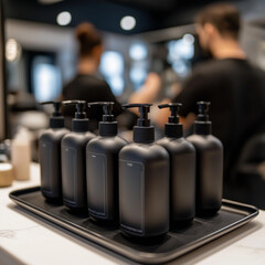 Closeup of Mockup Shampoo and Conditioner Bottles in Hair Salon