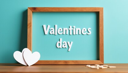 Vibrant Blue Table Decorates Valentine's Day Scene with Wooden Frame and Heart Cutout