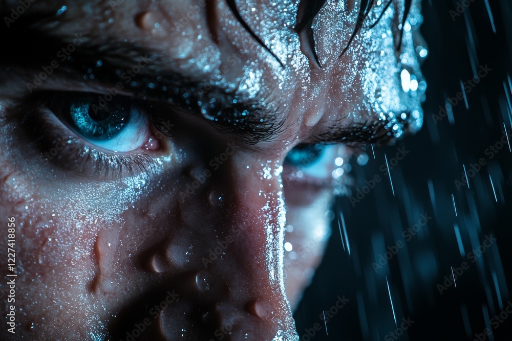 Poster a close-up of a crying actor during a pivotal scene, with tears streaming down their face and dramat