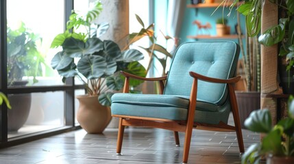 Obraz premium Cozy mid-century modern chair in a plant-filled room with natural light and vibrant decor