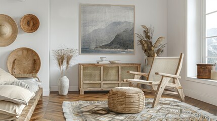 Cozy living room interior featuring natural decor, mountain artwork, and serene atmosphere