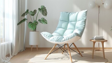 Cozy modern chair in a bright room with plants and soft lighting creating a serene atmosphere