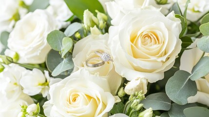 Wedding rings nestled amongst beautiful white roses