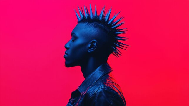 Fashion hair cut creative concept. Striking Mohawk Styled Male Portrait in Vibrant Blue and Red