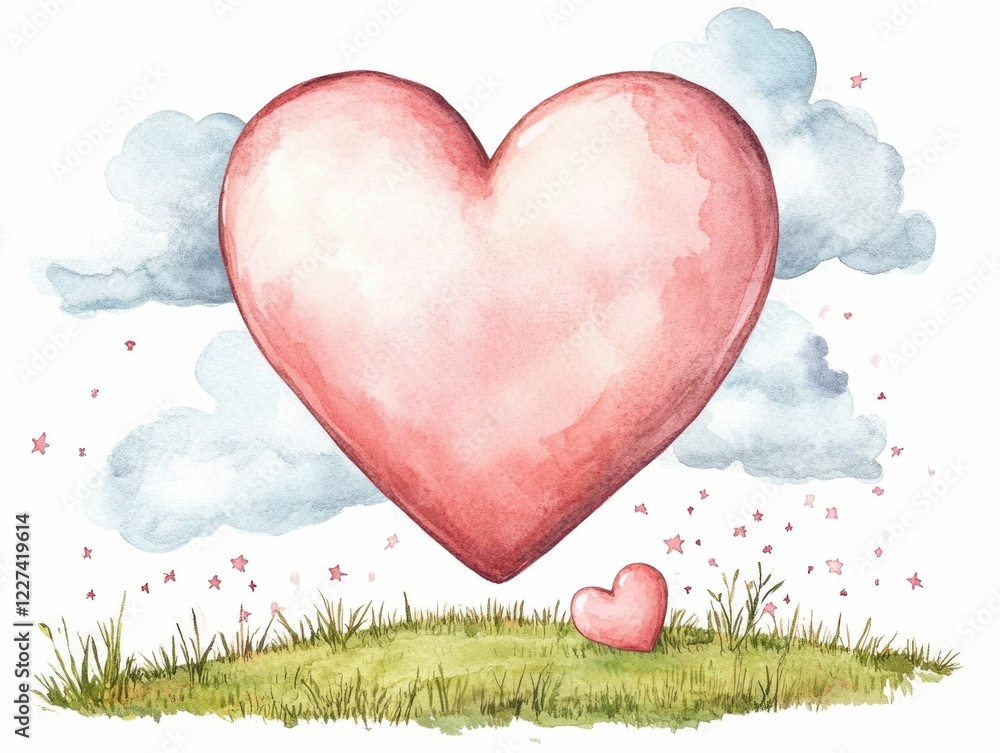 Poster watercolor of a heart shaped speech bubble with glowing edges surrounded by tiny sparkling stars in 