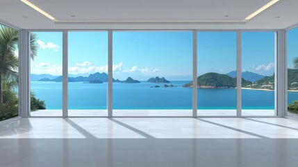 Fototapeta premium Spacious Interior with Large White Frames and Stunning Ocean View through Floor-to-Ceiling Windows in Bright Sunlight