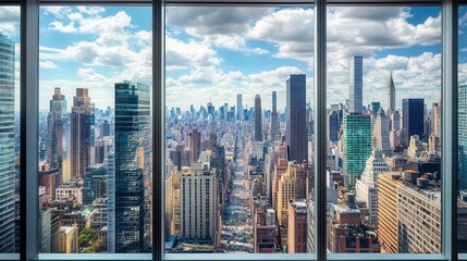 the city skyline framed through a balcony, with the bustling streets below and tall buildings filling the scene
