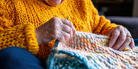 Elderly Woman Knitting Multicolored Yarn Blanket