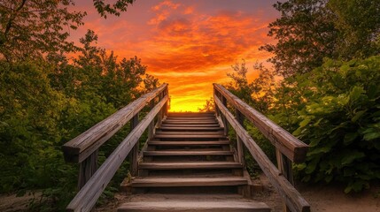 Obraz premium A rustic wooden stairway surrounded by trees, leading upward into a vibrant sky full of orange and red sunset tones.