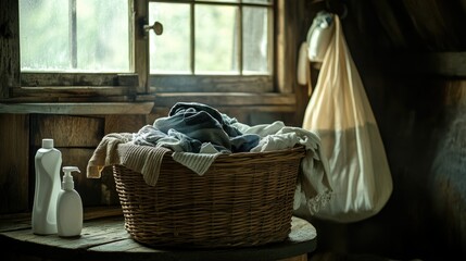 A rustic wooden wicker basket filled with clothes ready for the washing machine, with soap, fabric softener, and a laundry bag nearby.
