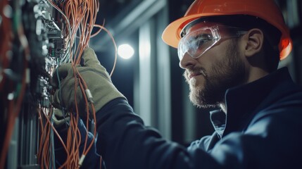 A close-up of an electrician working on a complex wiring system, wearing safety gear and using specialized tools, Electrical maintenance scene