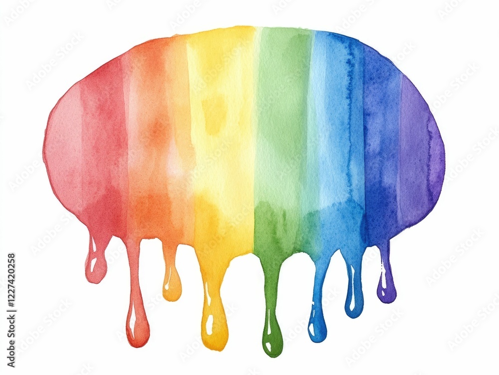 Poster vibrant and dynamic watercolor splash shaped speech bubble with dripping edges painted in a rainbow 