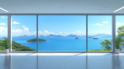 Spacious Modern Interior with Large Floor-to-Ceiling White Frame Window Overlooking Scenic Ocean Views and Islands Under Bright Blue Sky
