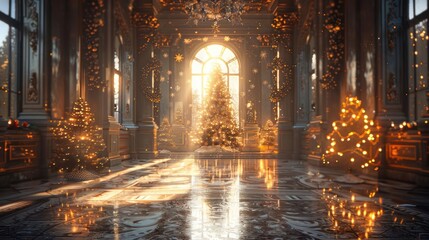 Naklejka premium Festive holiday scene in an ornate hall with a beautifully decorated Christmas tree and warm lighting
