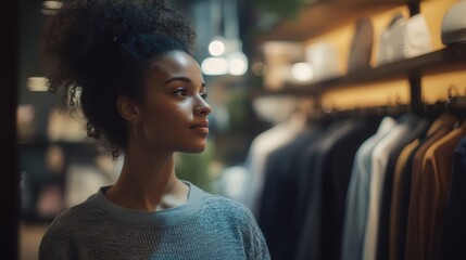 A woman gazes at a selection of stylish clothing in a trendy boutique, admiring the new arrivals