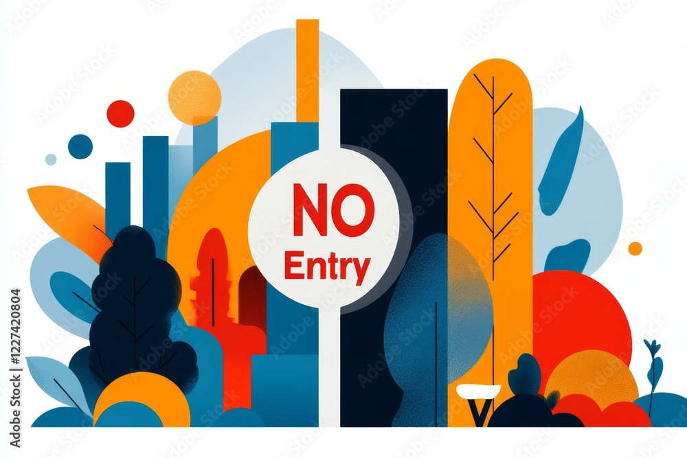 Poster A colorful flat design of a â€œNo Entryâ€ sign placed in front of a doorway, with a curious figure peeking in from the side, symbolizing exclusion on a white canvas
