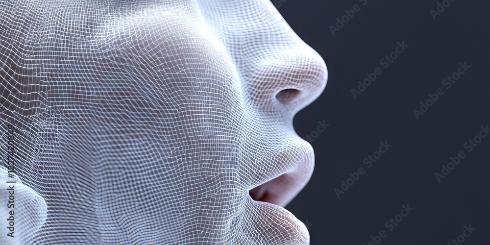 Poster wireframe mesh overlay on 3d rendered human face profile