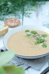 A bowl with mushroom cream soup