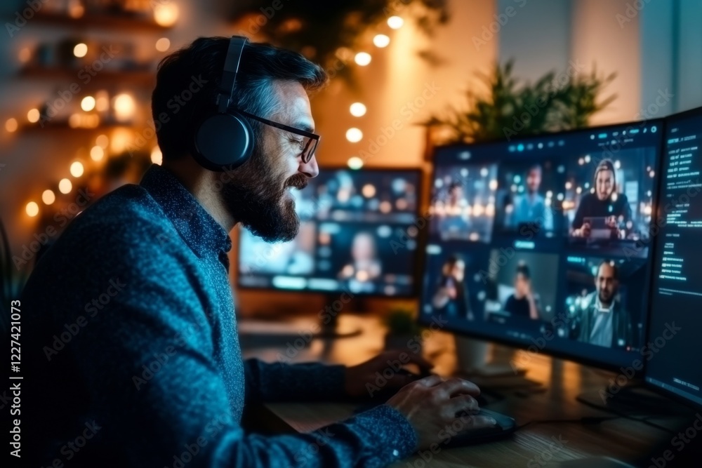 Poster A consultant conducting a virtual meeting, with a headset and multiple screens showing data and clients on a video call