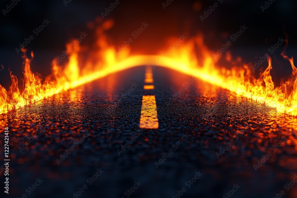 Poster flames border a dark road creating a dramatic and intense visual effect at nighttime