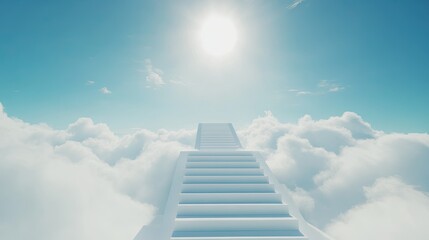 A serene white stairway rising into the clouds, surrounded by a bright blue sky and soft sunlight.