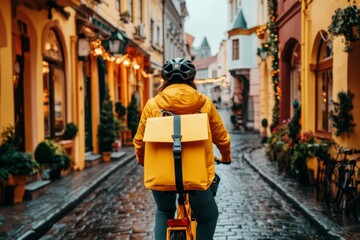 A courier delivering mail on a bicycle in a quaint village, surrounded by cobblestone streets and historic buildings