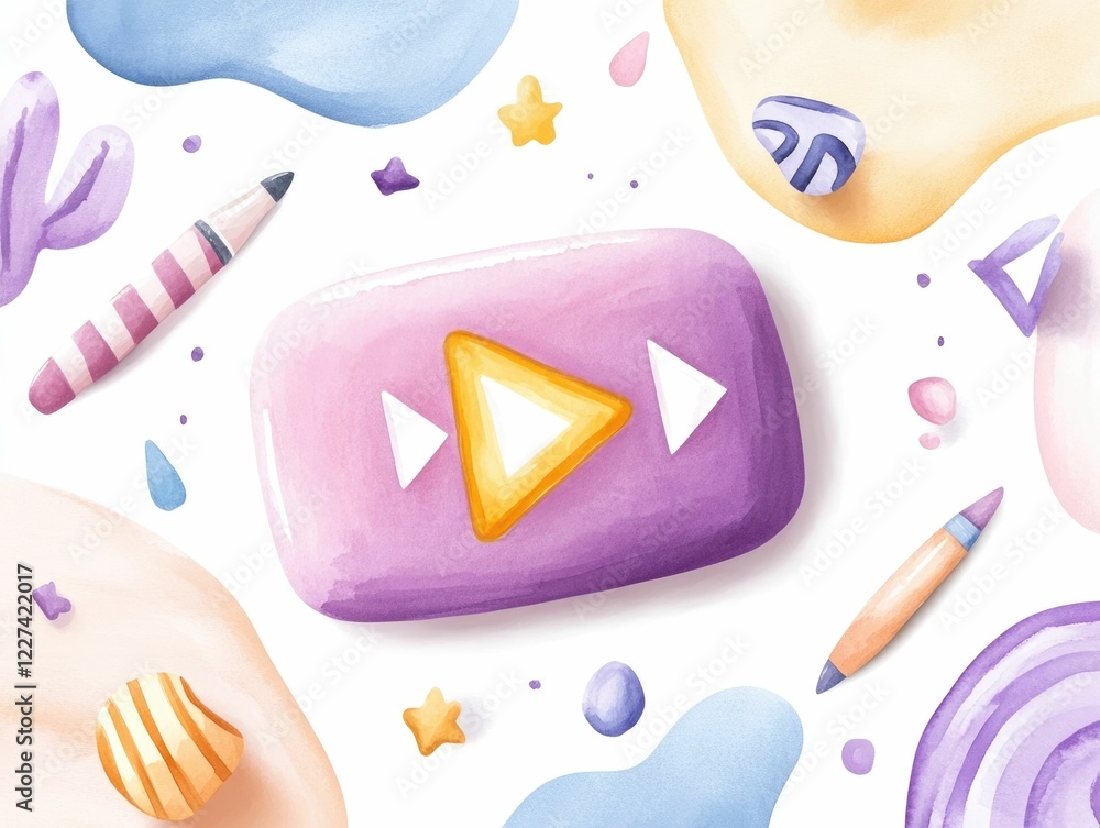 Poster whimsical watercolor play button with a glowing triangle surrounded by soft brushstroke patterns in 