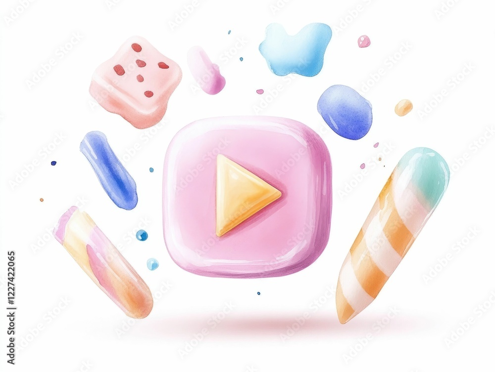 Poster vibrant and whimsical watercolor play button design with a glowing triangle shape surrounded by soft