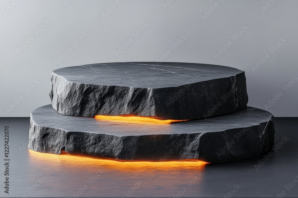 Poster Modern stone sculpture with glowing amber highlights in minimalistic setting