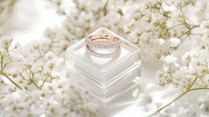 Fototapeta premium A shot of diamond wedding rings in a small glass box, placed against a soft background of white flowers.