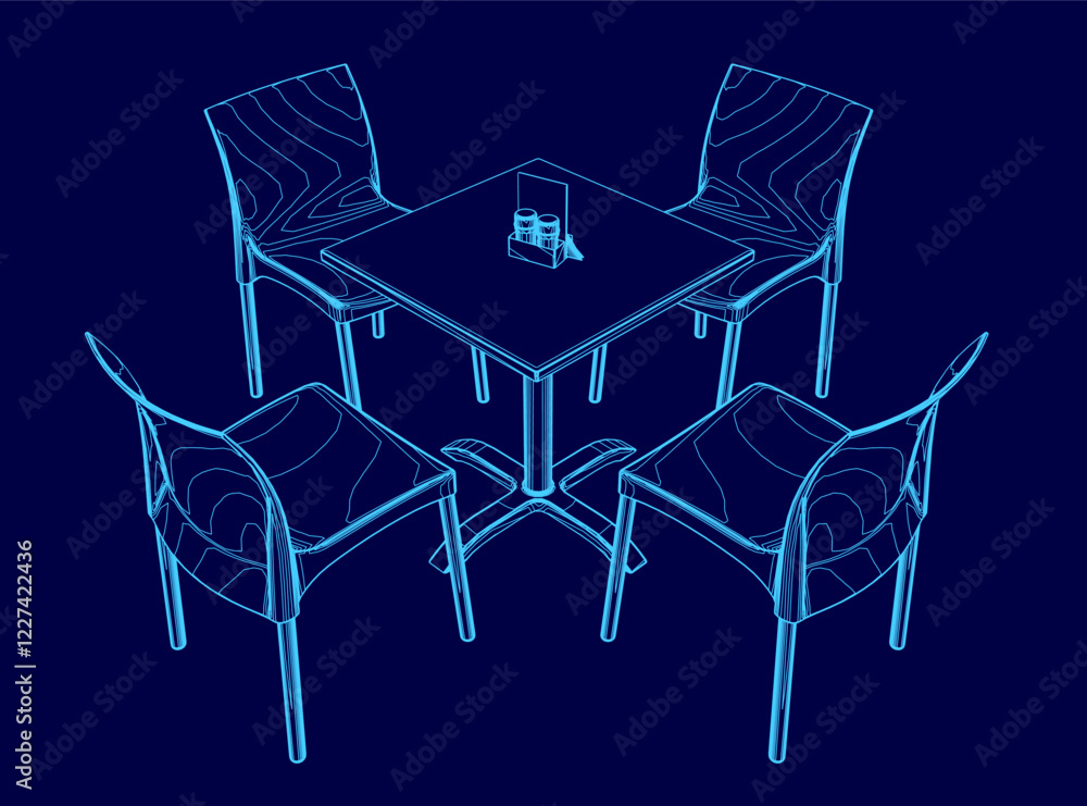 Poster blue drawing of a table with four chairs around it. the chairs are all different sizes and are arran